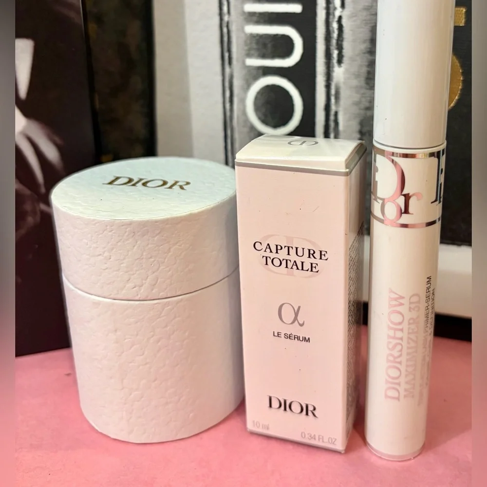 NWT DIOR BEAUTE Cream/Pink 100% Silk Scarf/Serum/Maximizer 3D Mascara Primer